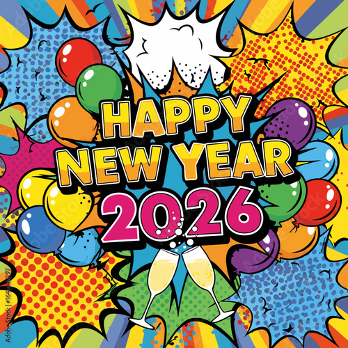 Pop art Happy New Year 2026 with balloons and comic style explosion