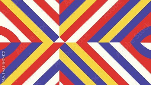 Abstract geometric design composed of diagonal and curvilinear stripes in a vibrant color palette