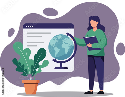 Woman teaching geography with globe and digital screen in modern educational setting vector illustration 