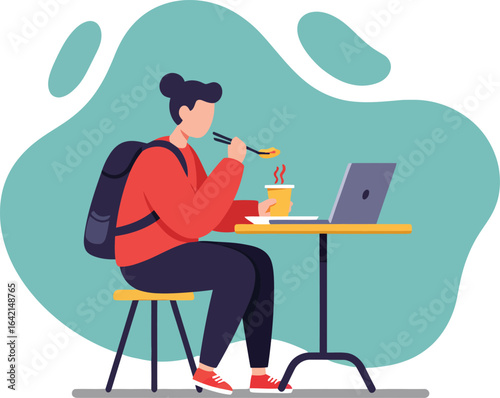 Student studying with laptop and notebook in casual outfit at table vector illustration 