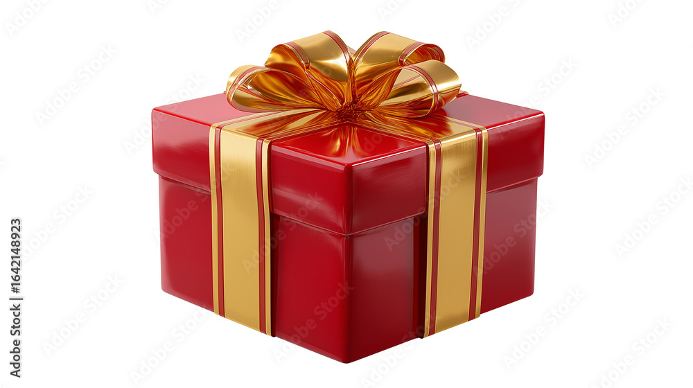 Fototapeta premium Glossy gift box emoji in bright red and gold, isolated PNG