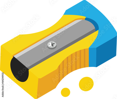 Pencil sharpener with yellow and blue plastic body and metal blade vector illustration 