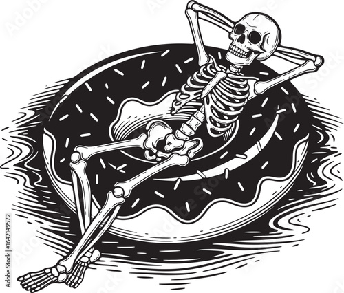 Skeleton relaxing on Donat-shaped inflatable pool mattress