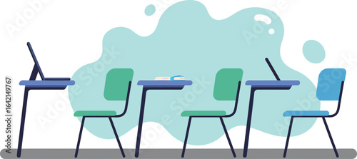 Modern empty classroom chairs and desks in simple vector illustration design 