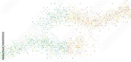 Colorful confetti dots flowing in a wave on white background abstract particle layout simple multicolor sprinkle festive design for celebration banner and modern backdrop