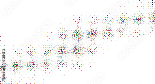 Colorful confetti dots flowing in a wave on white background abstract particle layout simple multicolor sprinkle festive design for celebration banner and modern backdrop