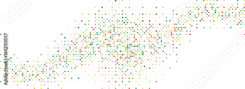 Colorful confetti dots flowing in a wave on white background abstract particle layout simple multicolor sprinkle festive design for celebration banner and modern backdrop