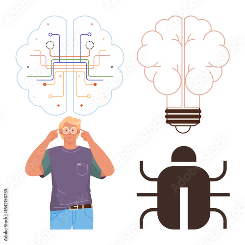 Person in thought surrounded by abstract brain with neural paths, lightbulb as a tree, and bug icon. Ideal for innovation, technology, brainstorming, imagination, problem-solving, debugging