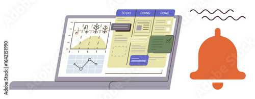 Open laptop with data charts, kanban board for task tracking, and red alert bell indicating reminders or updates. Ideal for organization, planning, notifications, analysis, teamwork, productivity