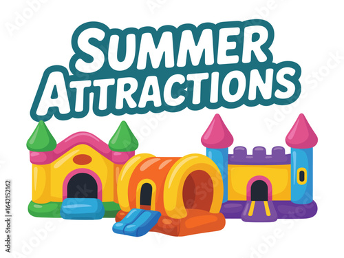 Vibrant Summer Attractions Advertisement Featuring Inflatable Bouncers for Family Fun