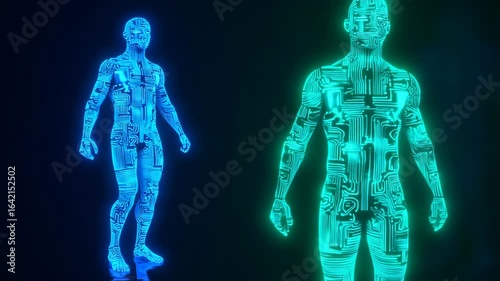 Two glowing, stylized human figures with intricate circuit board patterns on their bodies