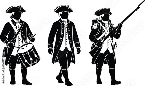 Vector art of three colonial soldiers in uniform isolated on white background