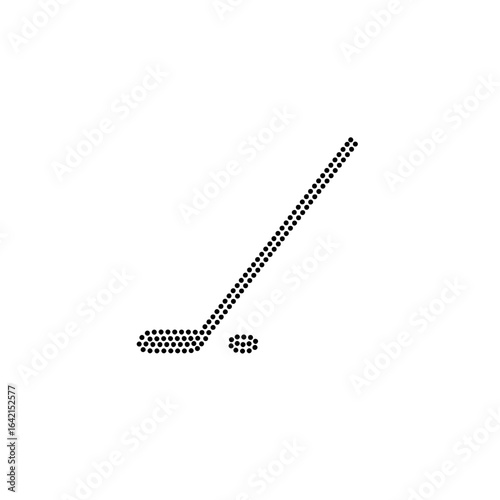 Dotted outline icon of a hockey stick and puck on a white background representing sports, active lifestyle and winter games, concept of sports equipment or recreational activities