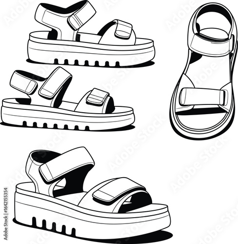 Vector Illustration of Fashionable Sandals with Velcro Straps, Comfortable and Stylish Footwear Design, Summer Sandals Collection