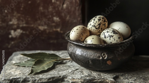 Quail eggs, bay leaf in old pot on stone.