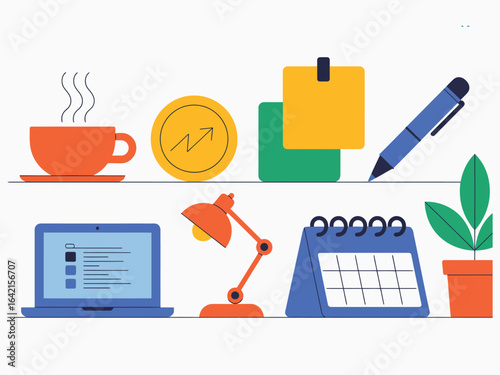 A flat design collection of office and business elements for a productivity dashboard or landing page interface.