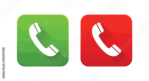 Green and red phone call buttons, vector flat icons of telephone receivers in square bubbles, answer and decline call symbols.