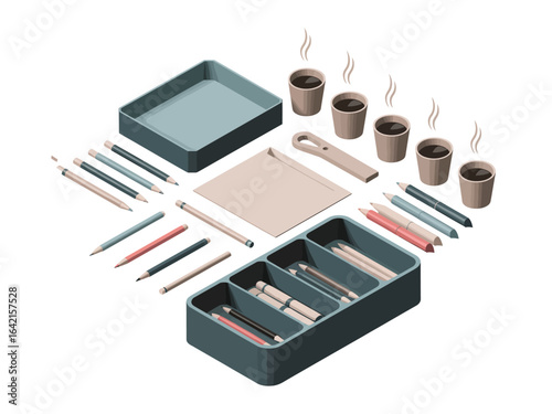 A 3D isometric illustration showcasing an organized creative workspace with pencils, an organizer tray, and hot coffee