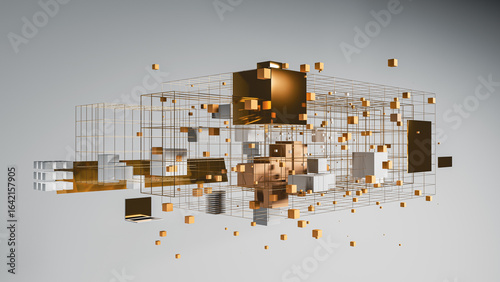 Dynamic abstract background featuring geometric shapes and laptop