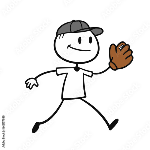 Smiling stick figure boy running with a baseball glove on a white background, playful concept of sports or recreation