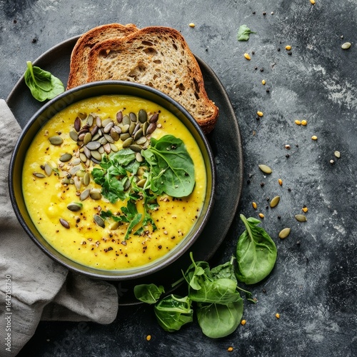 Vegan zucchini soup with toppings. Grey stone, copy space.