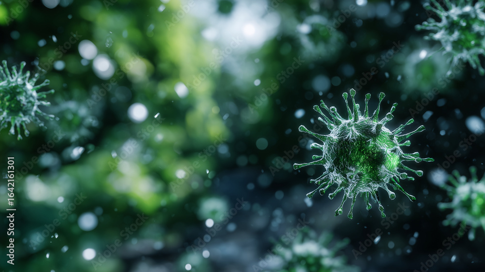Fototapeta premium High-detail visualization of green coronavirus particles with detailed membranes and spikes, softly blurred natural background of forest leaves and sunbeams, symbolizing caution,