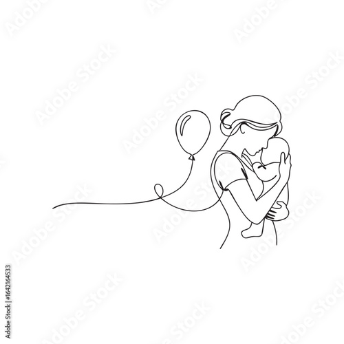 Wallpaper Mural Minimalist One-Line Drawing of Mother Holding Baby with Balloon – Motherhood and Love Concept Torontodigital.ca