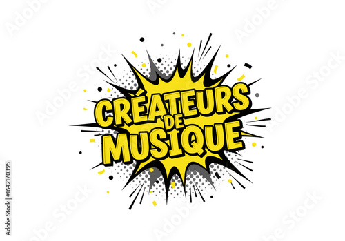 Createurs de musique. Illustration de style bande dessinee pop art. Bulle de dialogue comique avec texte pour la creation musicale.