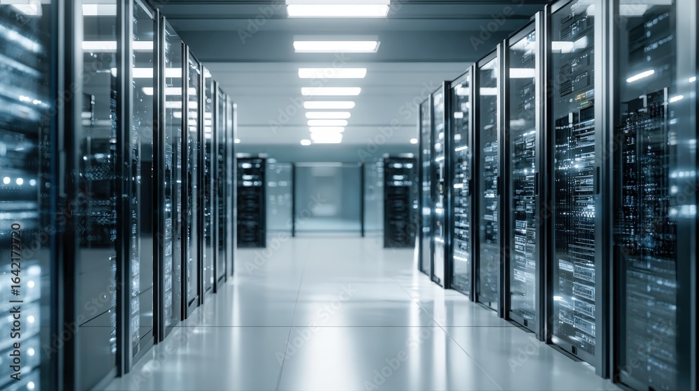Fototapeta premium Modern Data Center Interior with Rows of Server Racks for Cloud Computing and IT Infrastructure