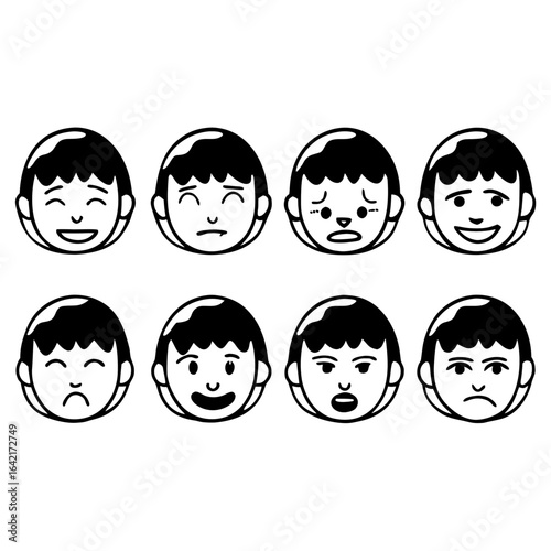 Collection of Eight Black and White Cartoon Faces Expressing Different Emotions on a White Background