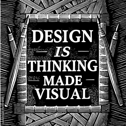 Design is Thinking Made Visual quote with paint brushes and woodcut style typography lettering