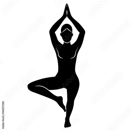 Silhouette of a woman in a yoga tree pose vrikshasana