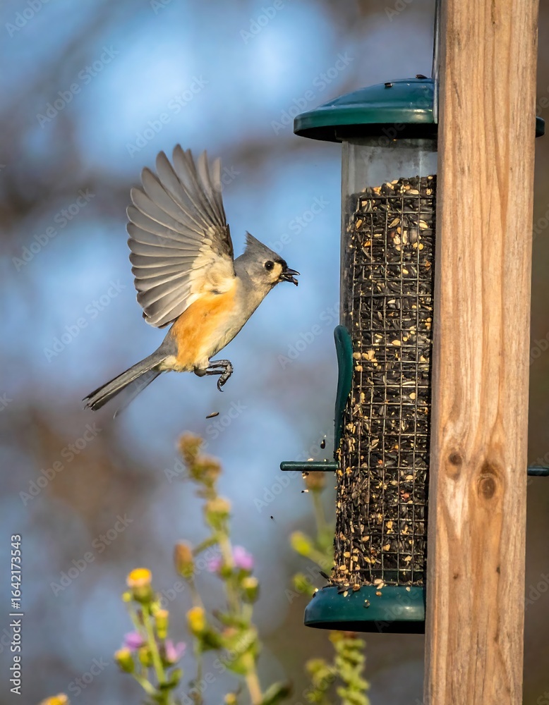 Naklejka premium Titmouse feeding at bird feeder