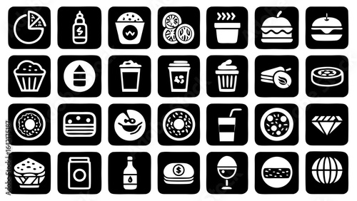 Diverse array of black and white food and drink icons presented in a grid collection