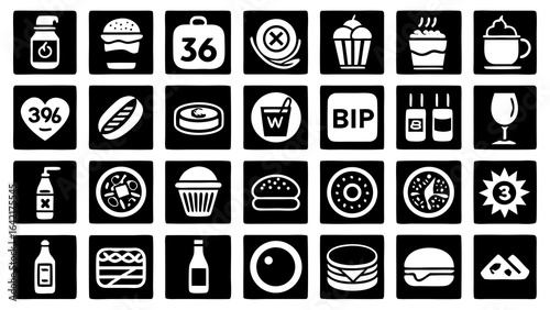 Grid of 30 black and white icons featuring food drinks numbers and symbols hamburger cupcake