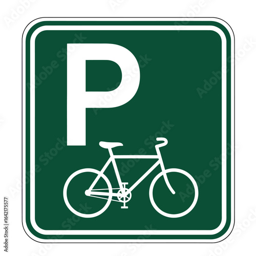 Bicycle parking sign, vector illustration of a green square sign with a white bicycle and a letter P, bike rack symbol
