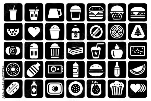 Variety of Food and Drink Icons in a Grid on Black Background milkshake