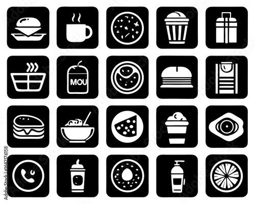 Collection of Food and Drink Icons on Black Background burger coffee cup