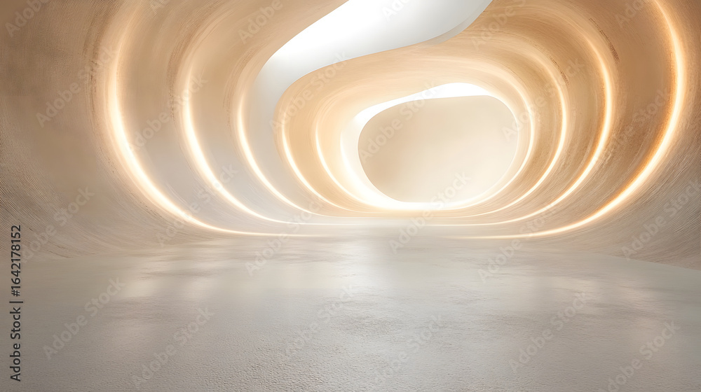 Fototapeta premium Futuristic, minimalist interior with smooth, flowing curves and soft ambient lighting creates serene atmosphere. space features seamless blend of architecture and light, evoking sense