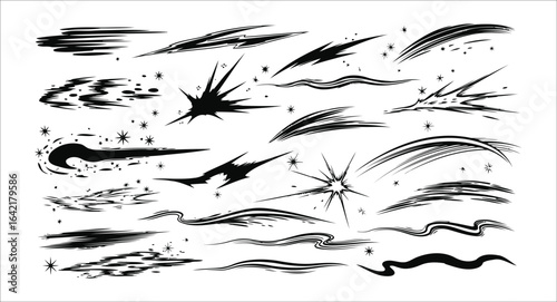 Collection of black abstract brush stroke and starburst graphic elements vector illustration