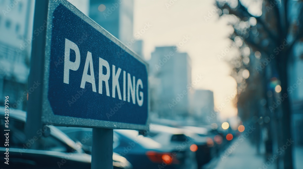 Obraz premium Blue parking sign in urban setting at dusk, vehicle row on the street with building background