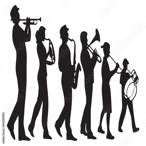 Silhouette of a marching band with various musical instruments isolated on white background, showcasing a performance of jazz and brass music, creating a festive and celebratory atmosphere