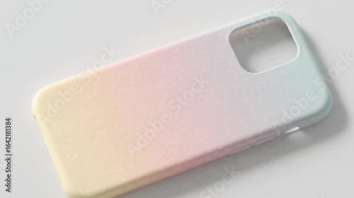 Close up of a pastel gradient phone case with a textured surface on a white background