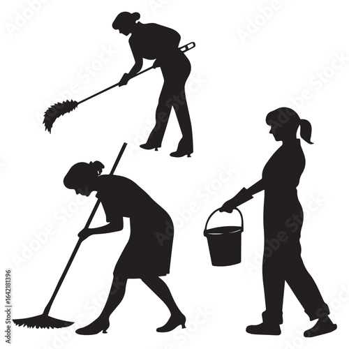 Silhouette of cleaning women isolated on white background showing a group of women doing housework with a feather duster, broom, and mop in a studio shot with nobody present