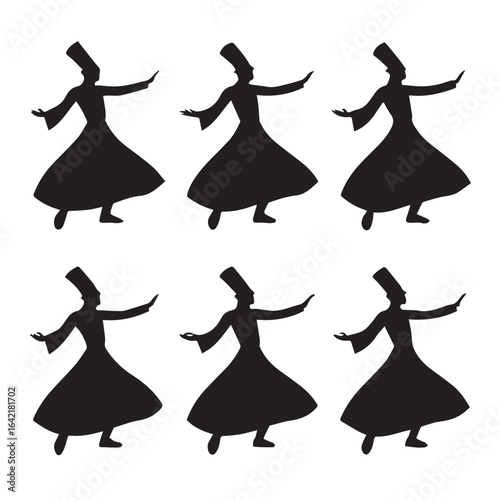 Silhouette of whirling dervishes in a spiritual dance, isolated on white background, representing sufi tradition, religion, and culture with a mystic and artistic touch