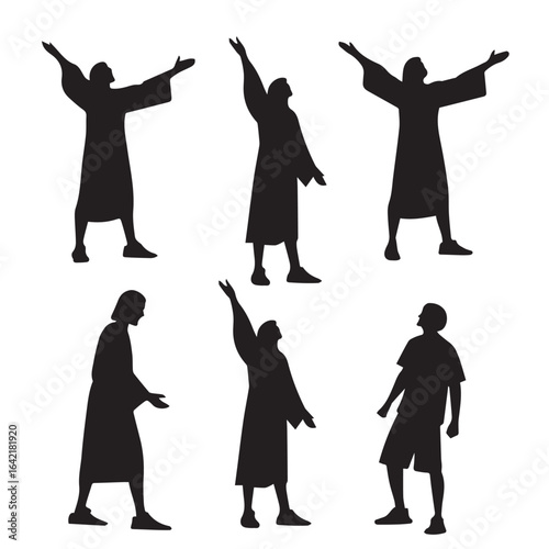 Silhouettes of people raising their hands in worship and praise isolated on white background, representing faith, spirituality, and religious devotion in a community of believers seeking divine grace