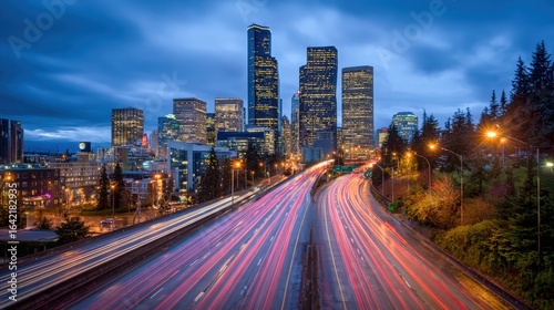 Dramatic Nightscape of a City Skyline with Long Exposure Traffic Streaks and Towering Buildings