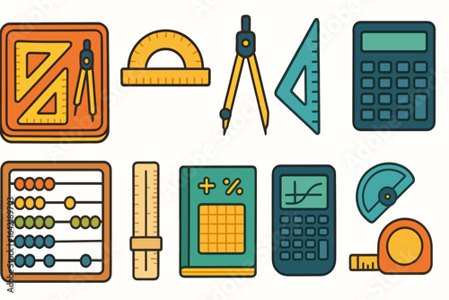 Math and geometry linear icon set. educational tools and calculators in line style