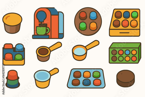 Coffee brewing filled icon set. cups, espresso machines, mugs in colorful filled style