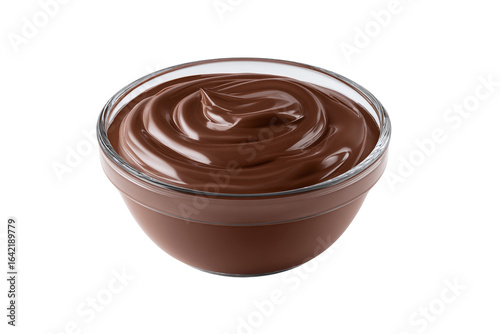 Foto Delicious chocolate cream in glass bowl, swirled texture, isolated on white tran